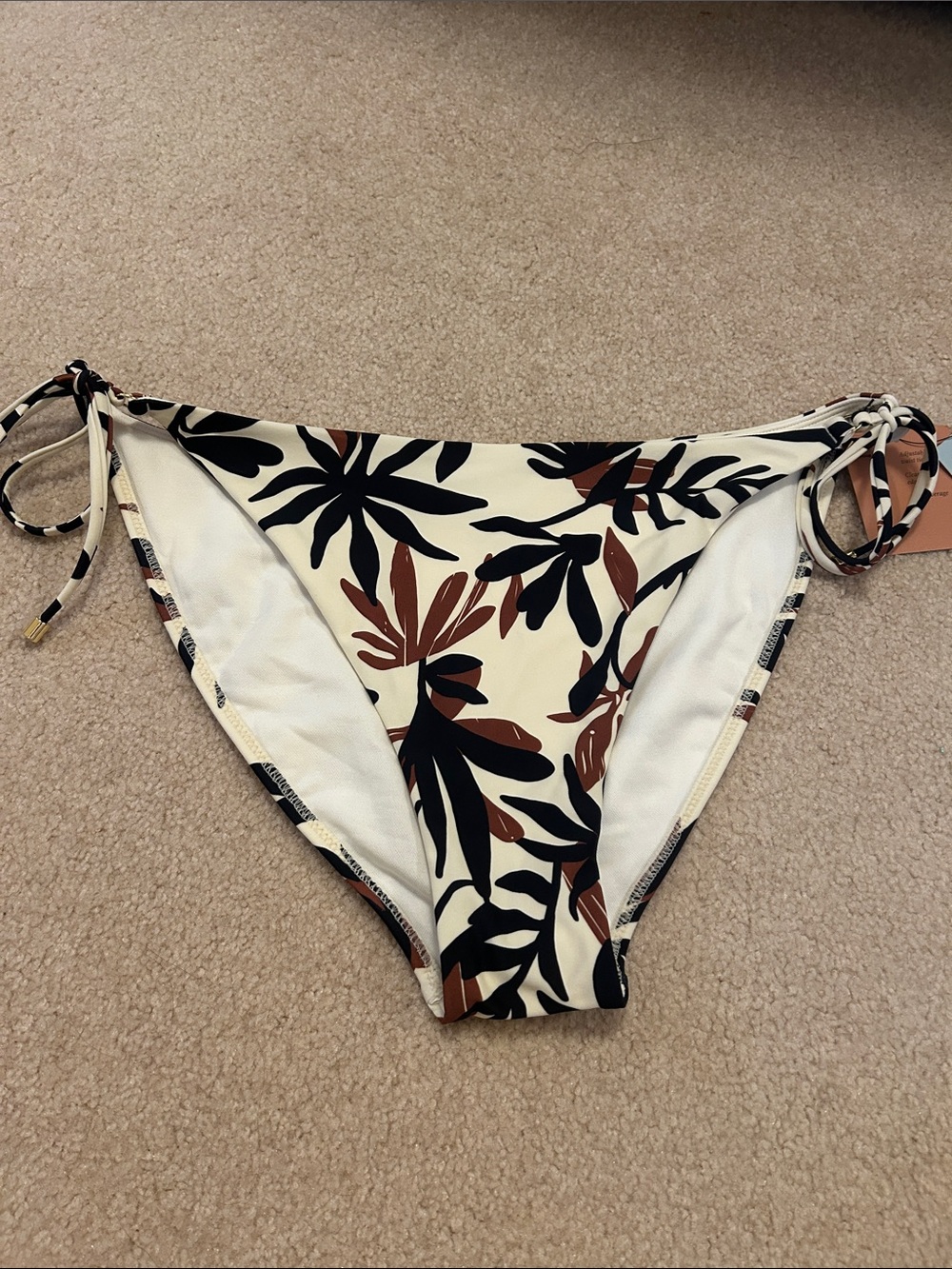 Shade & Shore Cream Bikini Bottom with Black and Brown Leaf Print
